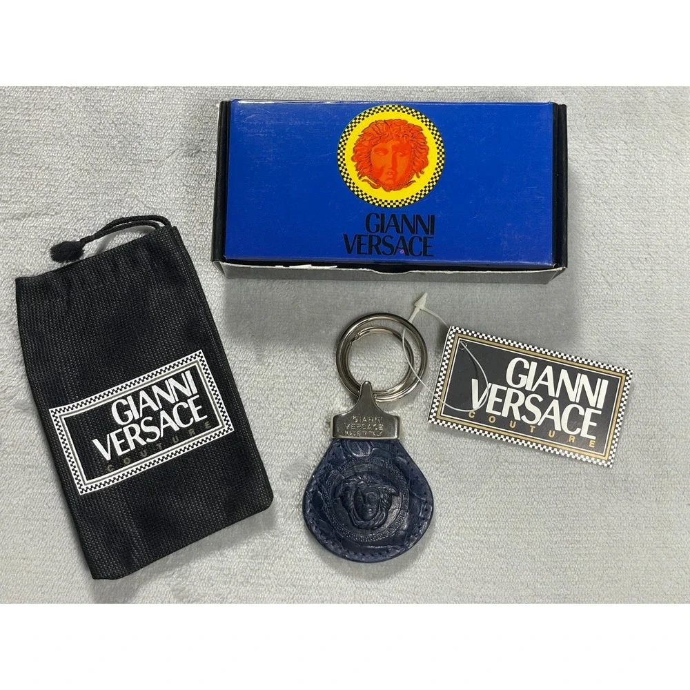 Vintage Gianni Versace Medusa Keychain Unisex Blue Leather Italy